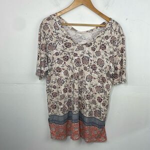 J. Jill Pima Double-Elbow Sleeve Tunic Flower Print Top size Large